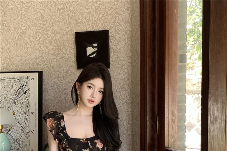 Dress Floral Sheath Neck Maxi Scoop Cap-Sleeve Trim Ruffle