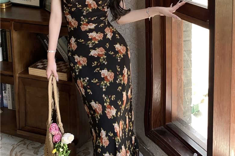 Dress Floral Sheath Neck Maxi Scoop Cap-Sleeve Trim Ruffle