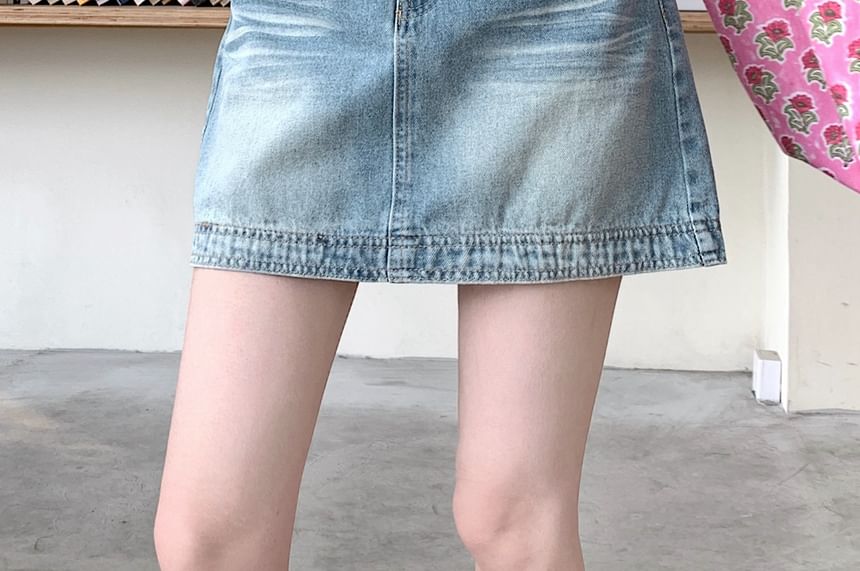 Mini Denim A-Line Waist Washed Skirt High