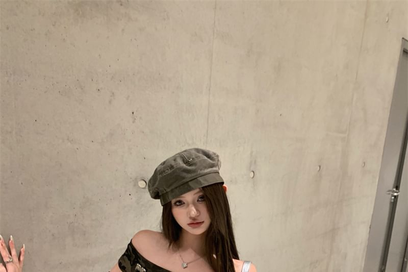 Trim Tee Print Cap-Sleeve Slim Camo Fit Off-Shoulder Asymmetrical Ruffle