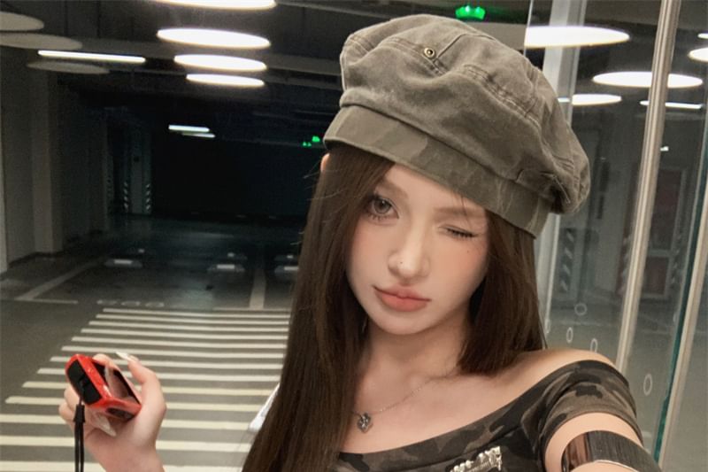 Trim Tee Print Cap-Sleeve Slim Camo Fit Off-Shoulder Asymmetrical Ruffle