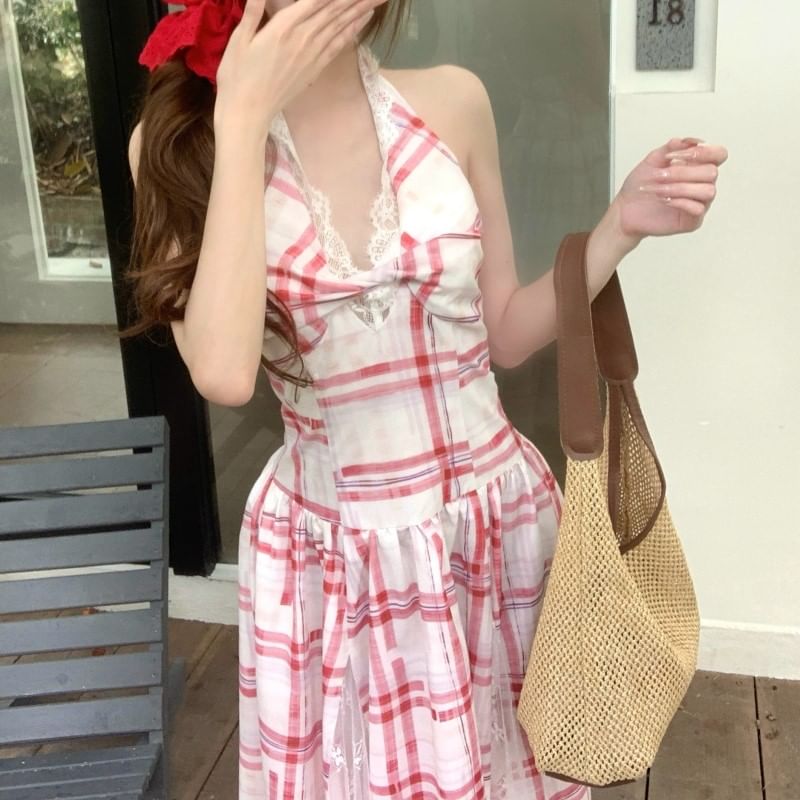 Back Lace A-Line Dress Plaid Halter Midi Panel Open