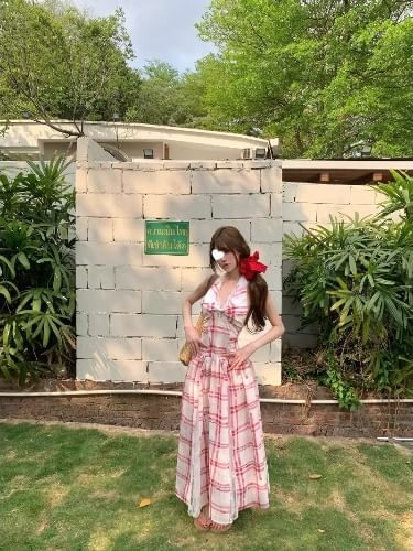 Back Lace A-Line Dress Plaid Halter Midi Panel Open