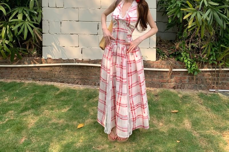 Back Lace A-Line Dress Plaid Halter Midi Panel Open