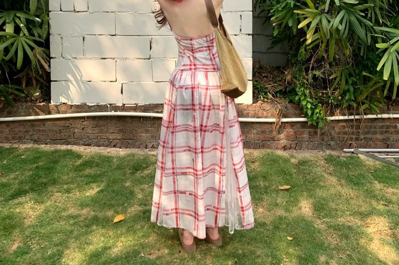 Back Lace A-Line Dress Plaid Halter Midi Panel Open