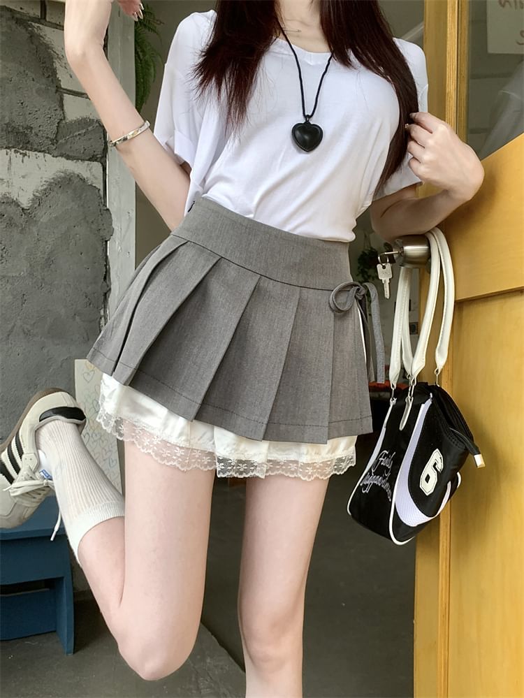 A-Line Mini Skirt Pleated Panel Waist Bow Lace High