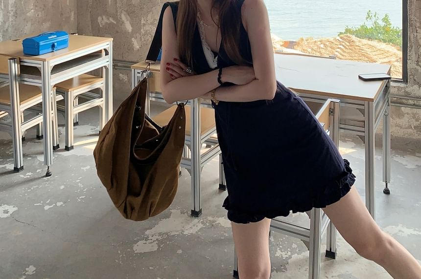 Dress V-Neck Lace Bow Panel Sleeveless A-Line Mini