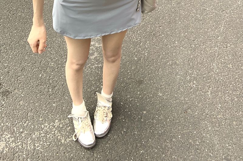 Plain Short-Sleeve Mini + Slim Mock Neck Skirt Waist Zip Tee Set: High A-Line Fit