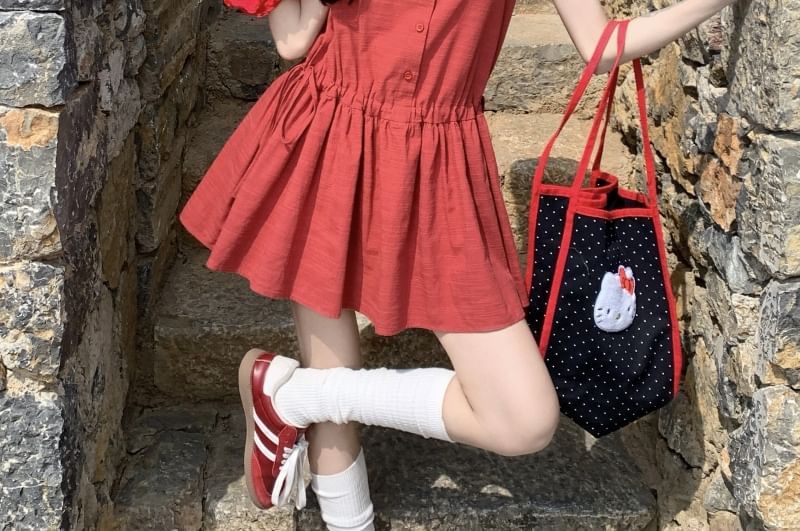 Button Round Dress Sleeveless Plain Mini A-Line Neck