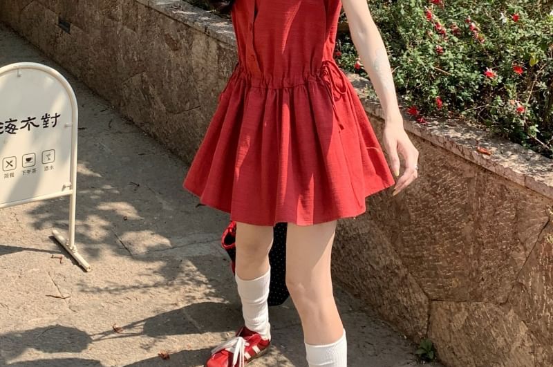 Button Round Dress Sleeveless Plain Mini A-Line Neck