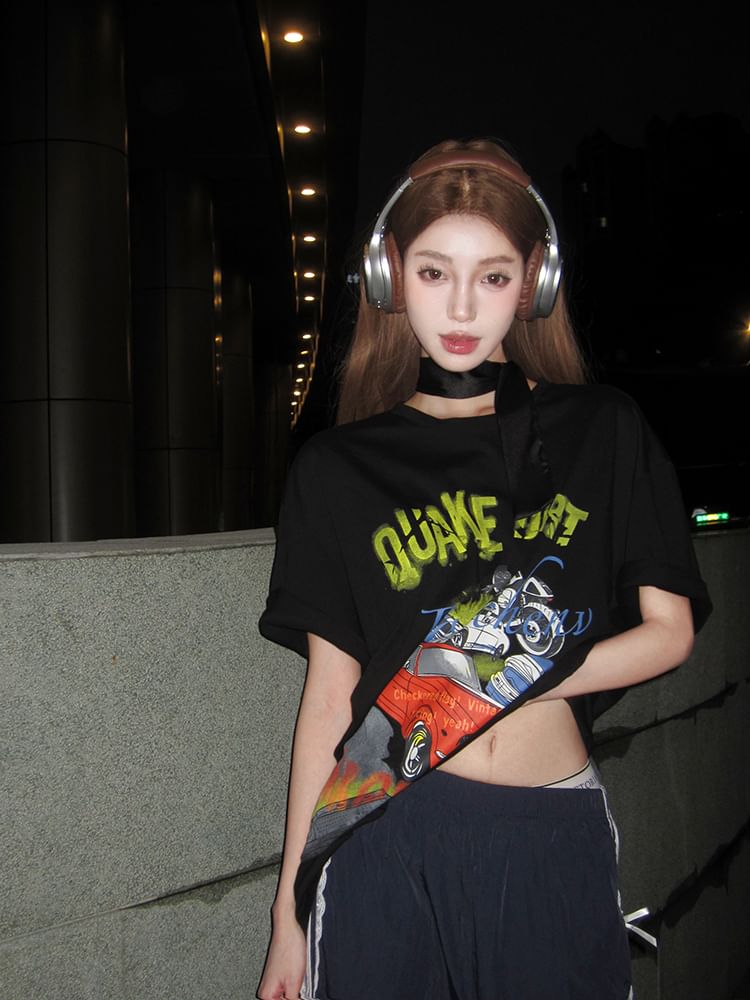 / Short-Sleeve Strap Bodycon Round Tee Dress Mini Neck Spaghetti Graphic Print