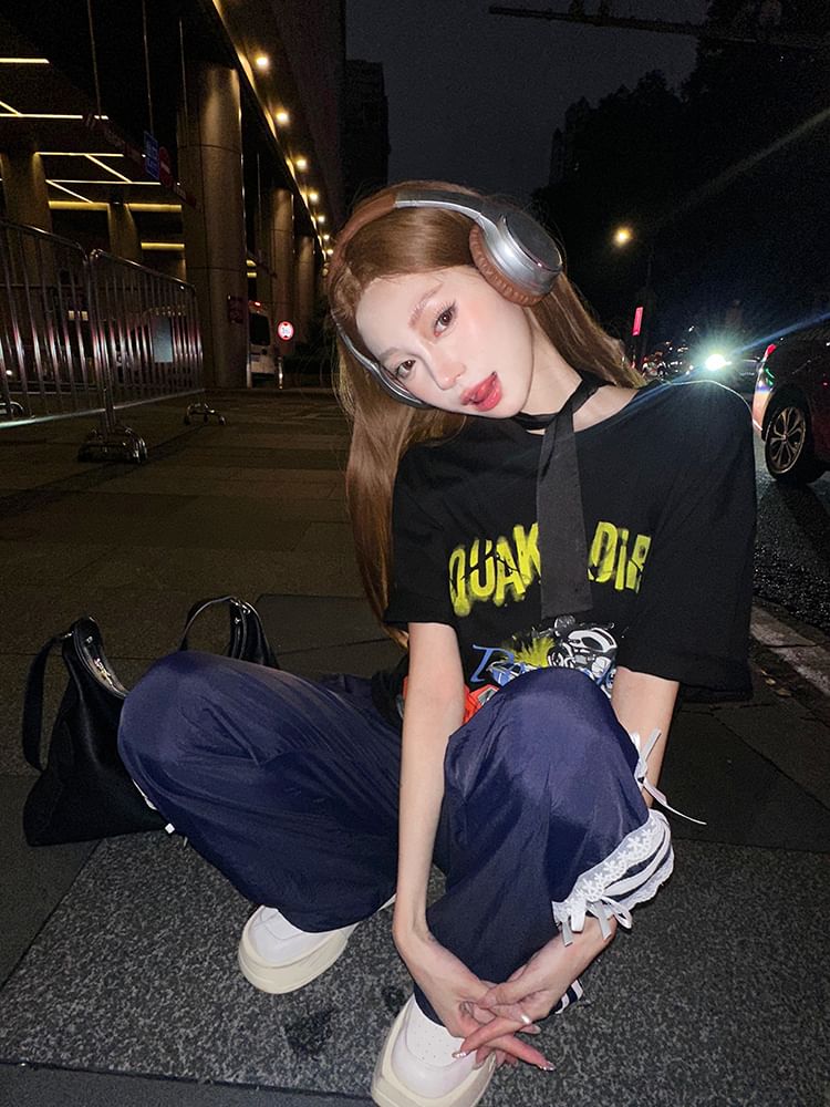 / Short-Sleeve Strap Bodycon Round Tee Dress Mini Neck Spaghetti Graphic Print