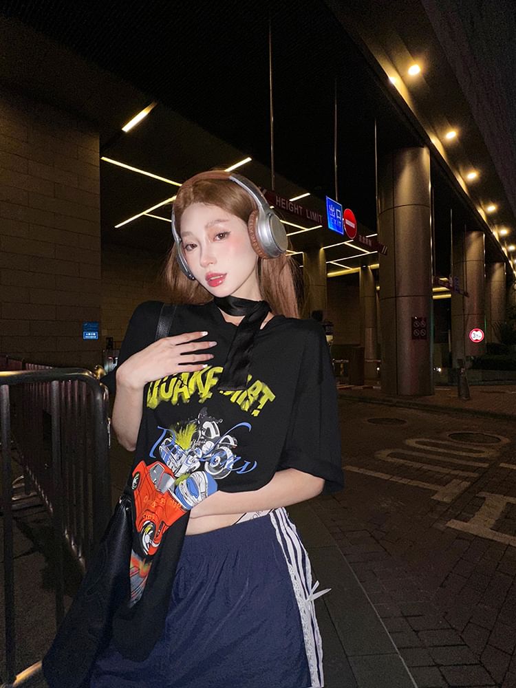 / Short-Sleeve Strap Bodycon Round Tee Dress Mini Neck Spaghetti Graphic Print