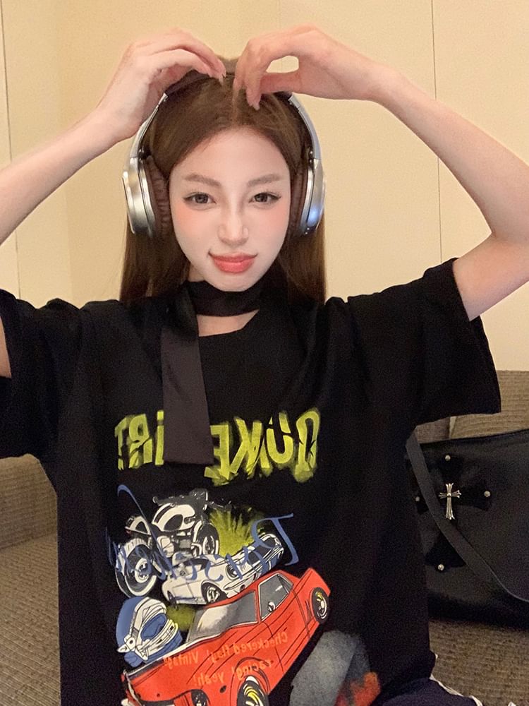 / Short-Sleeve Strap Bodycon Round Tee Dress Mini Neck Spaghetti Graphic Print