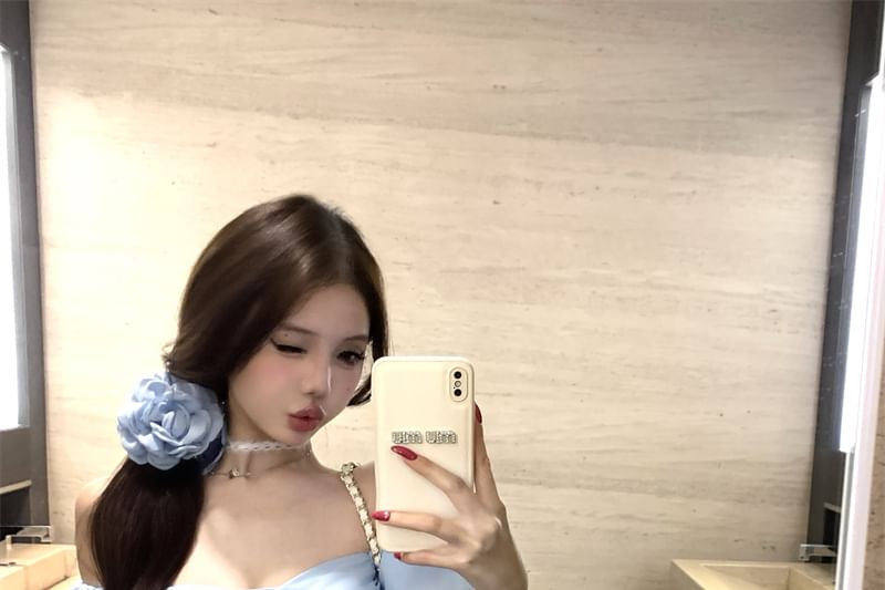 Puff-Sleeve Slim Bow Fit Plain Off-Shoulder Top