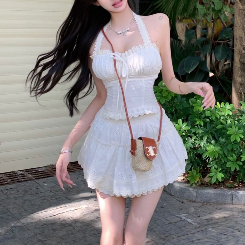 Waist A-Line Slim / Mini Top Fit Bow Crop Skirt Elastic Halter Plain Tiered