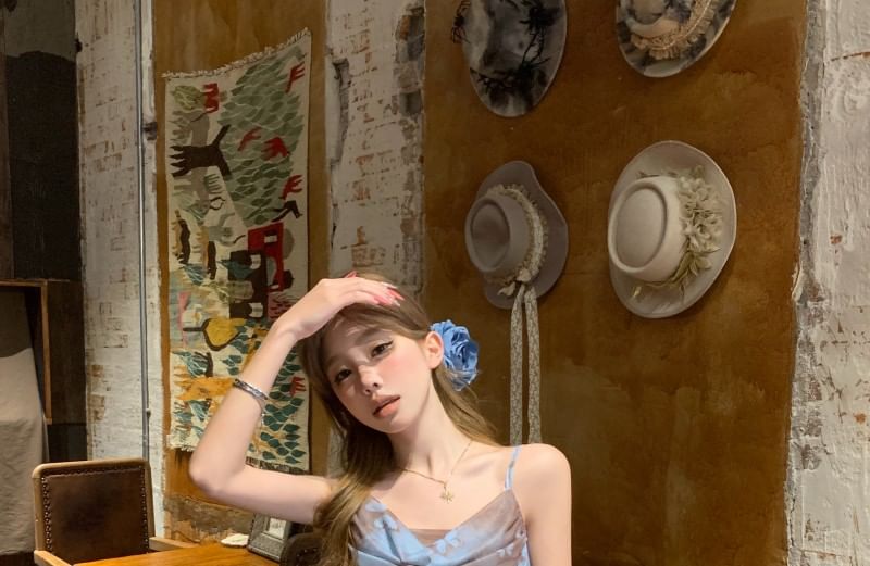 Mini Print Spaghetti Asymmetrical Butterfly A-Line Strap Dress Cowl Neck