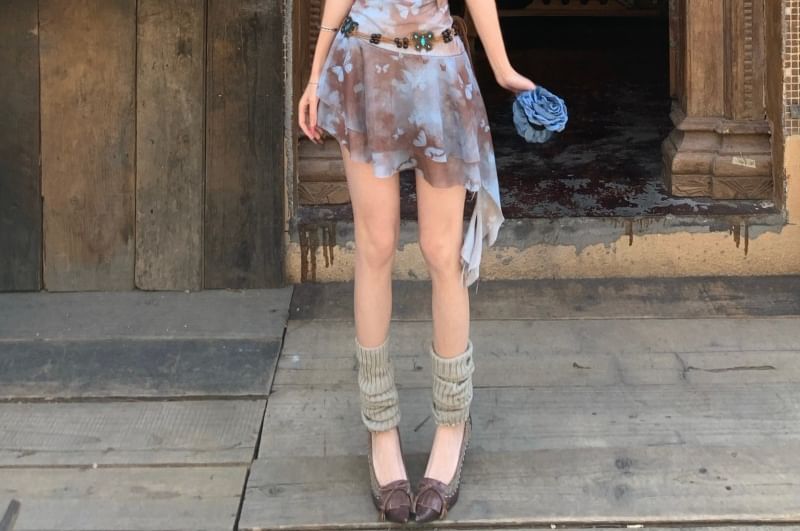 Mini Print Spaghetti Asymmetrical Butterfly A-Line Strap Dress Cowl Neck