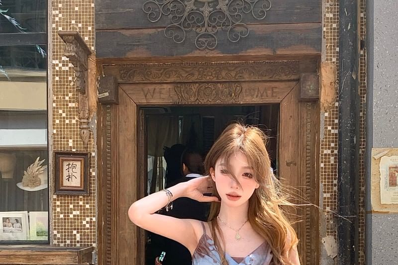 Mini Print Spaghetti Asymmetrical Butterfly A-Line Strap Dress Cowl Neck