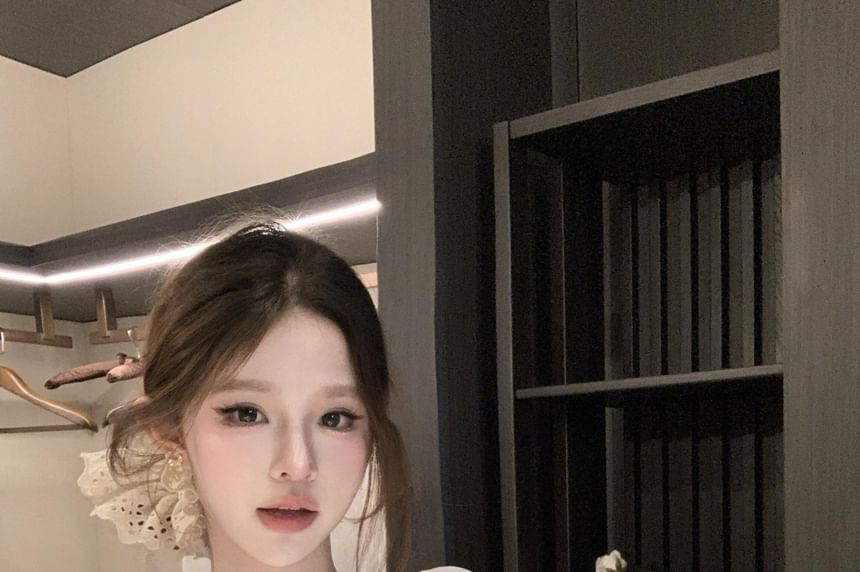 Fit Tee Ribbed Slim Lace Short-Sleeve Cold-Shoulder Plain V-Neck Trim