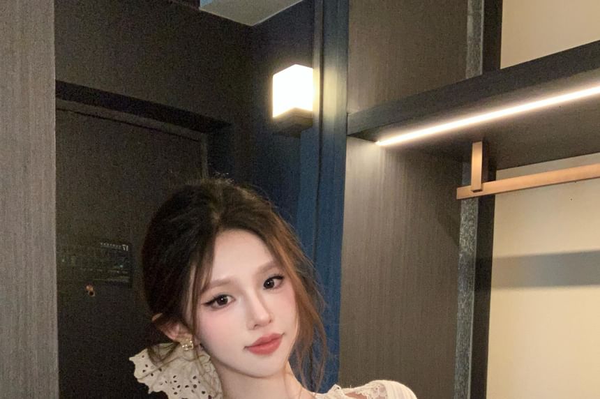 Fit Tee Ribbed Slim Lace Short-Sleeve Cold-Shoulder Plain V-Neck Trim