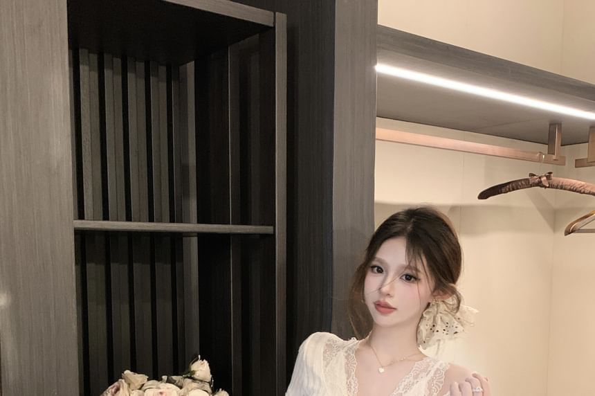 Fit Tee Ribbed Slim Lace Short-Sleeve Cold-Shoulder Plain V-Neck Trim