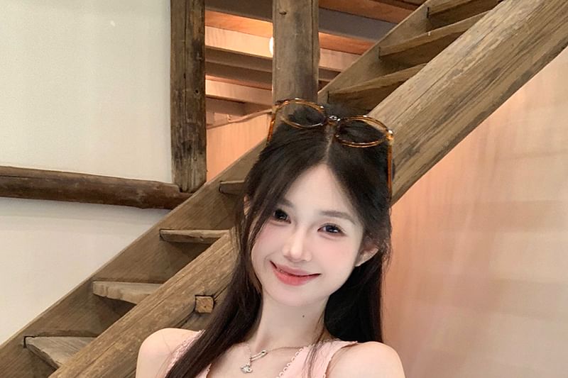 Tank Lace Top Bow Trim Fit Slim V-Neck