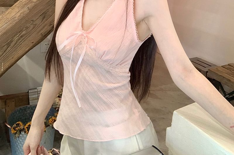Tank Lace Top Bow Trim Fit Slim V-Neck