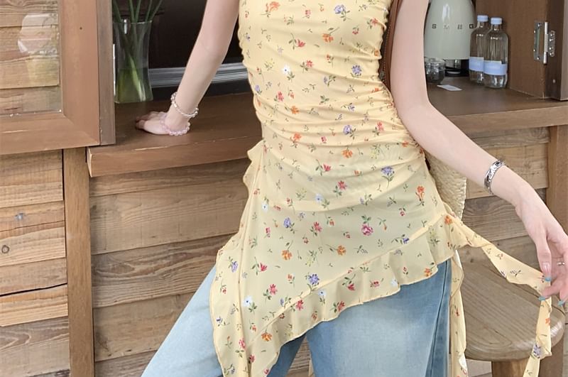 Floral Ruffle Top Square Trim Slim Tank Fit Asymmetrical Neck