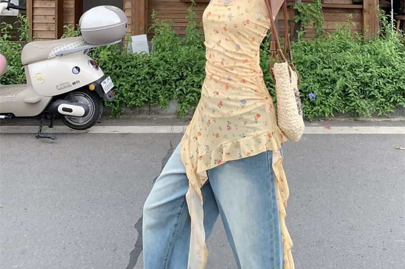 Floral Ruffle Top Square Trim Slim Tank Fit Asymmetrical Neck