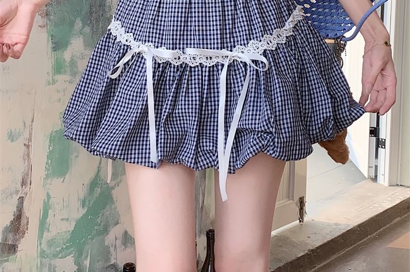 Trim Lace Tee Skirt Plaid A-Line Plain / Scoop Bubble Hem Slim Neck Bow Waist Fit Elastic Mini Short-Sleeve