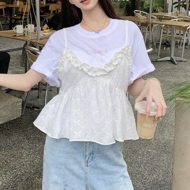 Short-Sleeve Bow Neck Camisole Print Top Flowy Ruffle Crew Tee / Trim