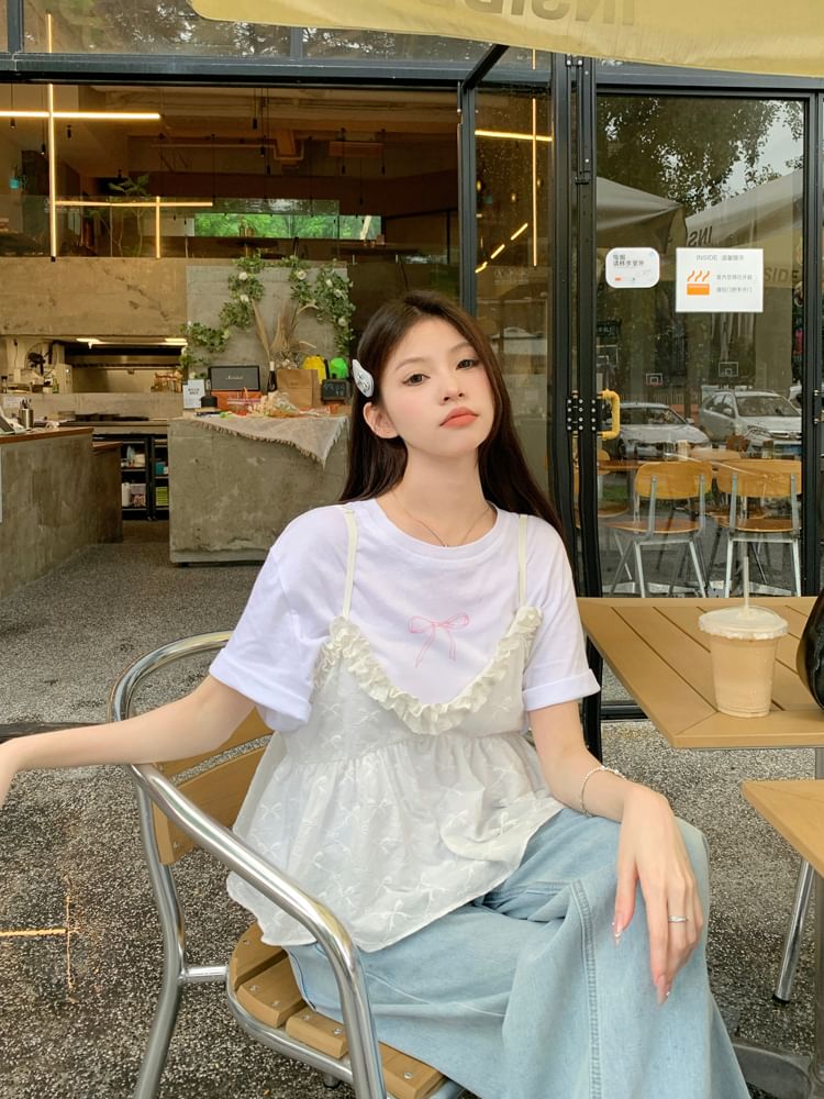 Short-Sleeve Bow Neck Camisole Print Top Flowy Ruffle Crew Tee / Trim