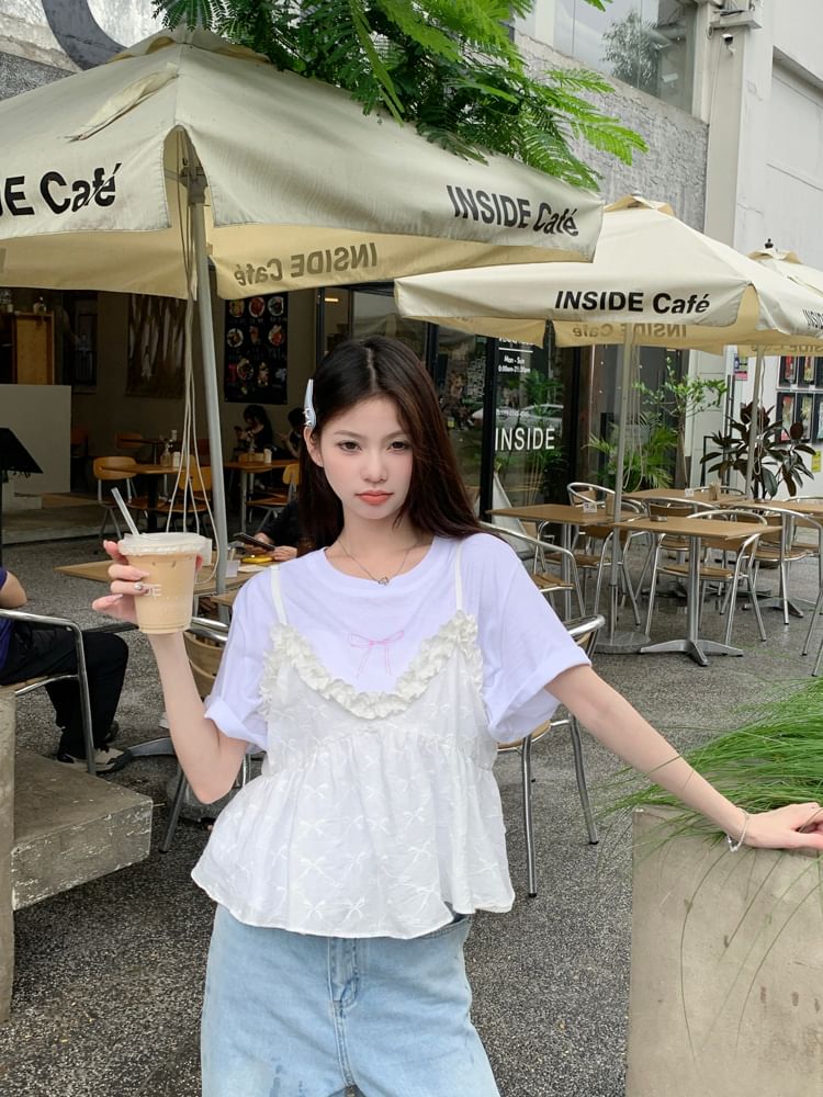 Short-Sleeve Bow Neck Camisole Print Top Flowy Ruffle Crew Tee / Trim