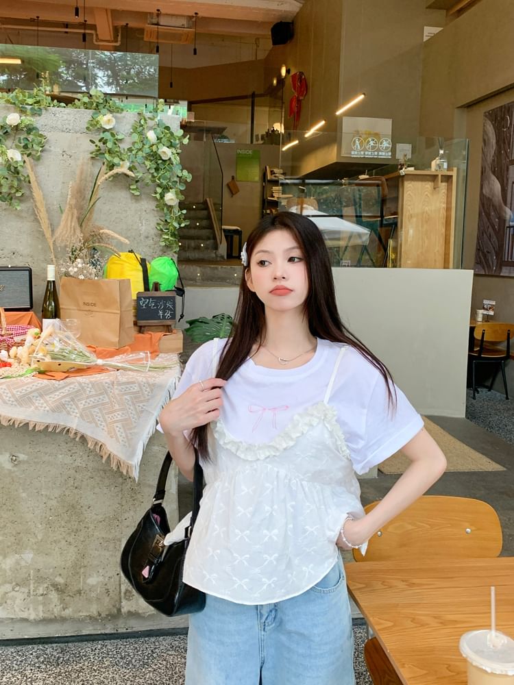 Short-Sleeve Bow Neck Camisole Print Top Flowy Ruffle Crew Tee / Trim