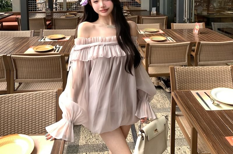 Tunic Trim Ruffle Blouse Long-Sleeve Off-Shoulder Plain