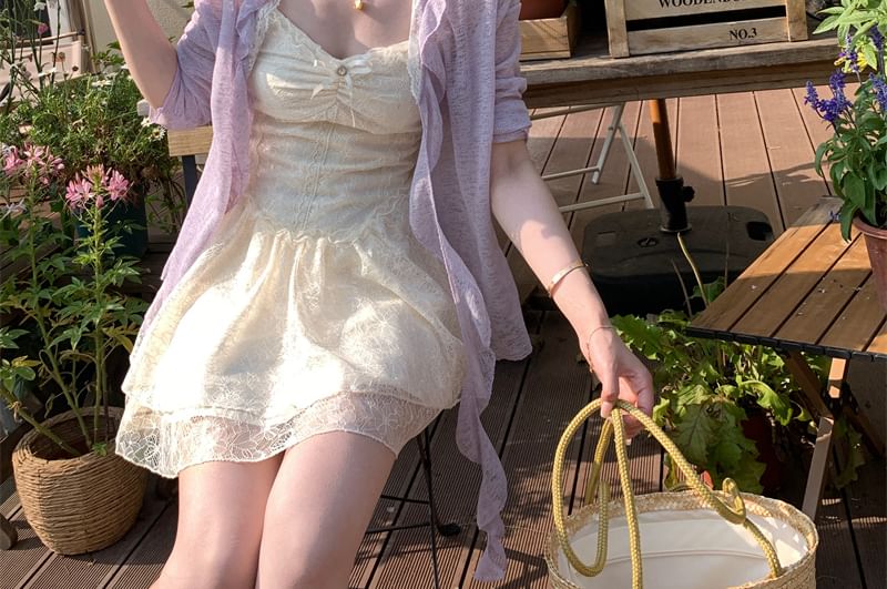 Bow Spaghetti A-Line Lace Melange Strap Ruched Mini Cardigan Dress Ruffle Trim Panel /