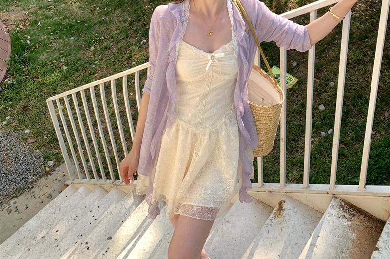 Bow Spaghetti A-Line Lace Melange Strap Ruched Mini Cardigan Dress Ruffle Trim Panel /