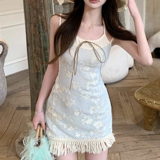 Dress Mini Bodycon Spaghetti Two-Piece Mock Fringed Floral Strap