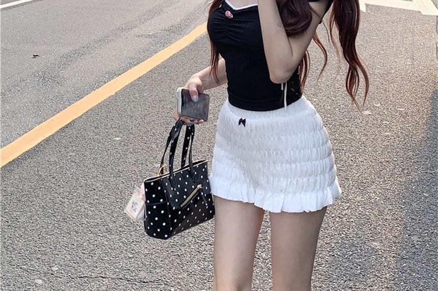 Fit T-Shirt Cap-Sleeve Bow Contrast Trim Crop Slim