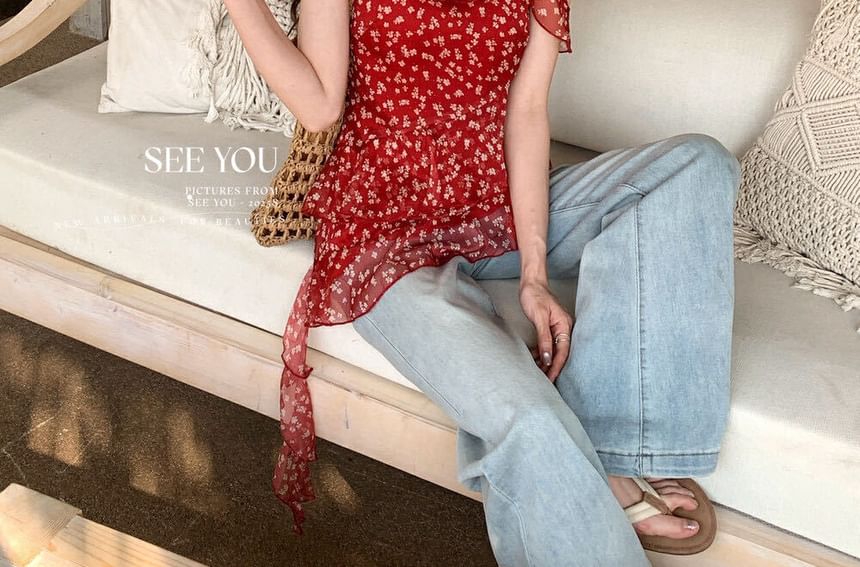 Asymmetrical Top + Floral Ruffle Trim Scrunchie Set: Cami