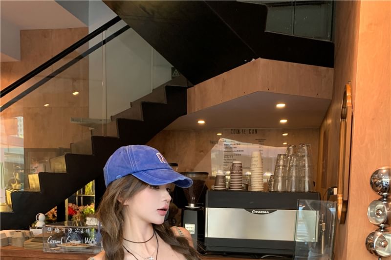 Button High Fit Mini Top Halter Waist Slim Crop Studded Denim Belted Skirt + Pencil Set: Camisole Frayed