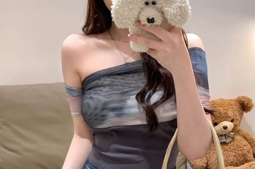 Fit Top Off-Shoulder Block Slim Color Mesh Short-Sleeve