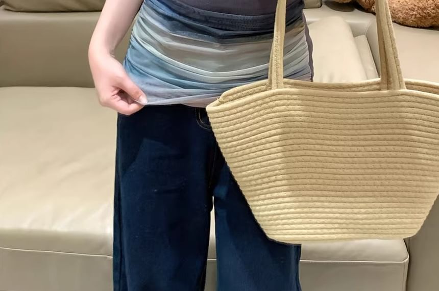 Fit Top Off-Shoulder Block Slim Color Mesh Short-Sleeve