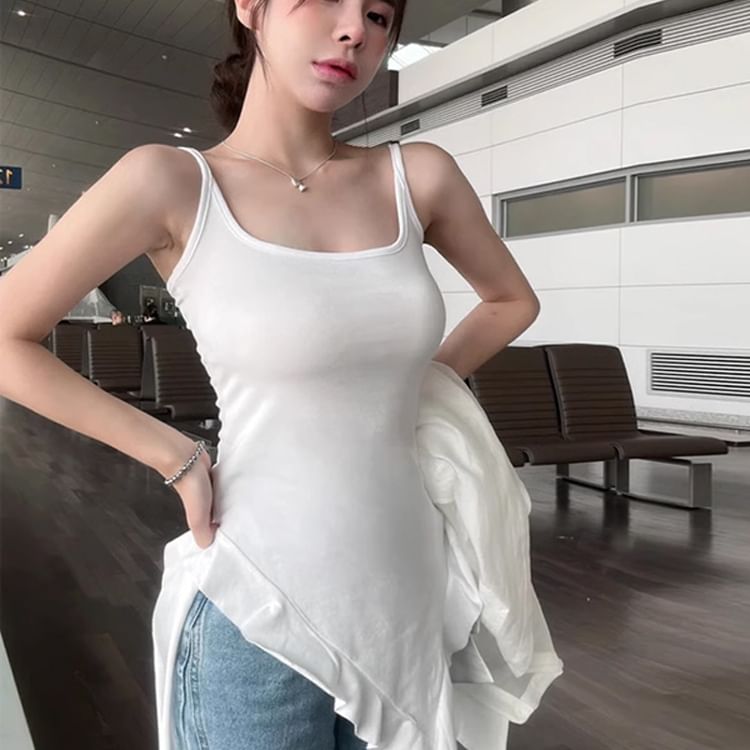 Long Ruffle Neck Square Slim Tank Asymmetrical Trim Plain Fit Top