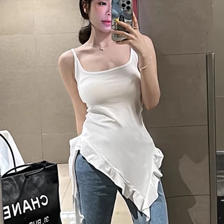 Long Ruffle Neck Square Slim Tank Asymmetrical Trim Plain Fit Top