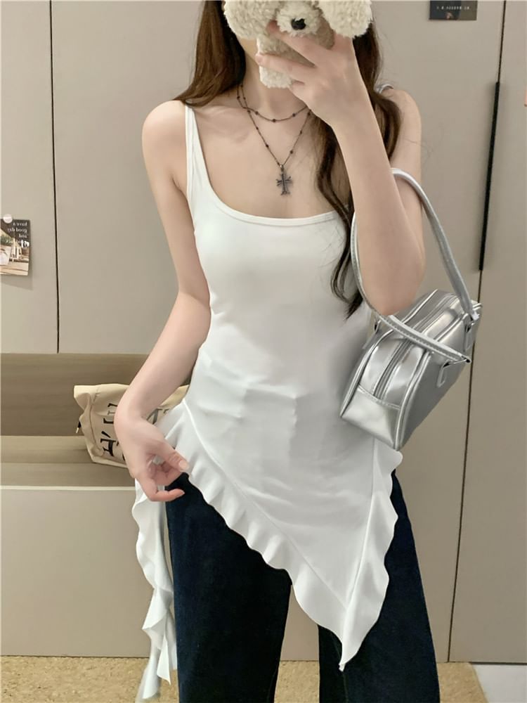 Long Ruffle Neck Square Slim Tank Asymmetrical Trim Plain Fit Top