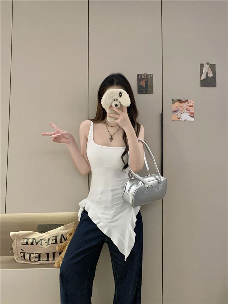 Long Ruffle Neck Square Slim Tank Asymmetrical Trim Plain Fit Top