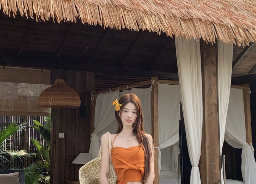 Wrap Fit Knot Tie Rise / Top Halter Skirt A-Line Slim Dye Maxi Crop Plain Cami Mid