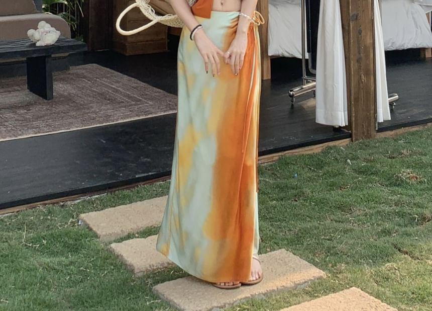 Wrap Fit Knot Tie Rise / Top Halter Skirt A-Line Slim Dye Maxi Crop Plain Cami Mid